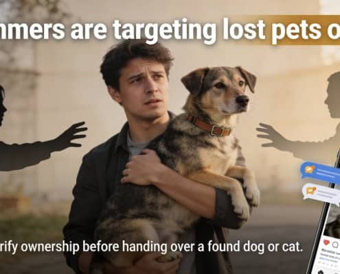 Scammers targeting lost pets online warning with a man holding a dog and a phone showing a suspiciou.