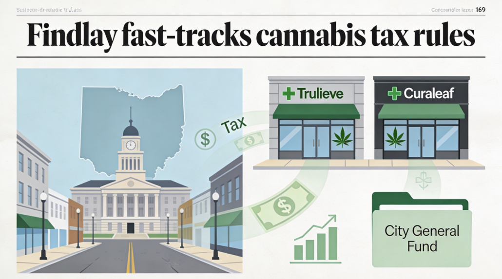 Fostoria News Fostoria city hall with cannabis tax rules and dispensaries in the background.