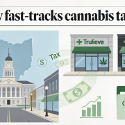 Fostoria News Fostoria city hall with cannabis tax rules and dispensaries in the background.