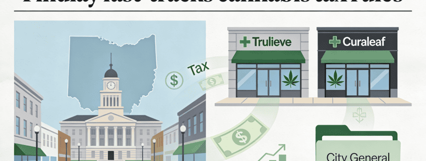 Fostoria News Fostoria city hall with cannabis tax rules and dispensaries in the background.
