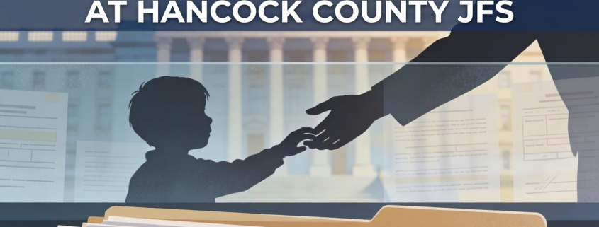 Fostoria News Child and adult hand reaching out in an office setting with files.