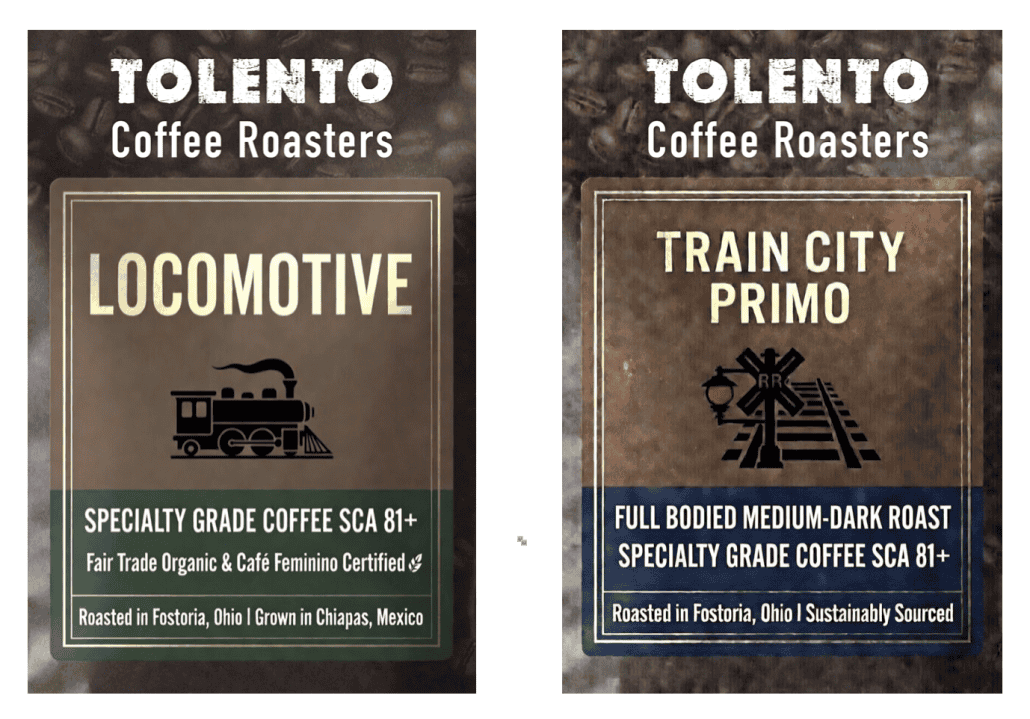 Locomotive and Train City Primo coffee bags from Tolento Coffee Roasters.