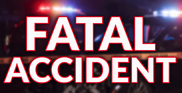 Headline about fatal accident with emergency lights in background.