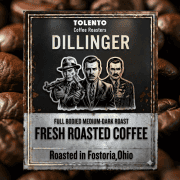 Fresh roasted Dillinger coffee beans from Tolento Coffee Roasters in Fostoria, Ohio.