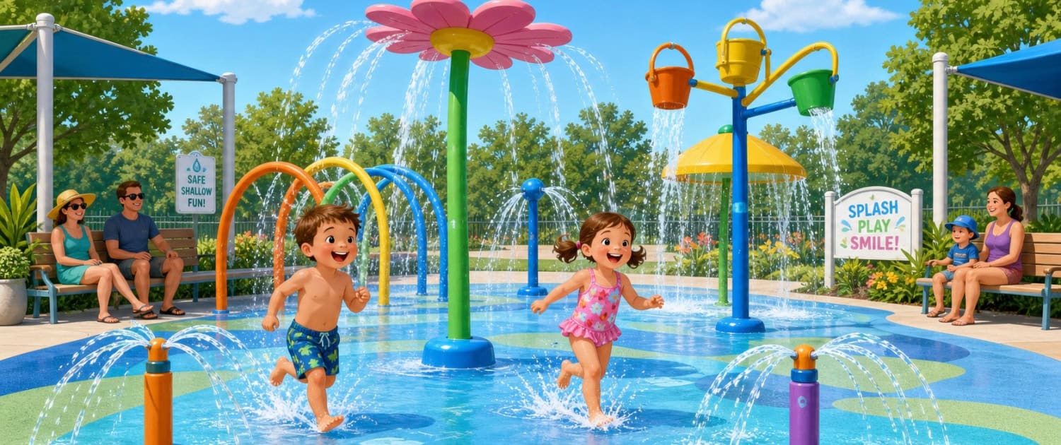 Fostoria News Children playing at Fostoria splash pad with water features and colorful equipment.