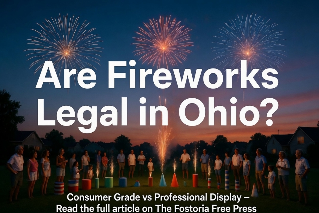 Fireworks display over a crowd in Ohio with colorful explosions in the sky.