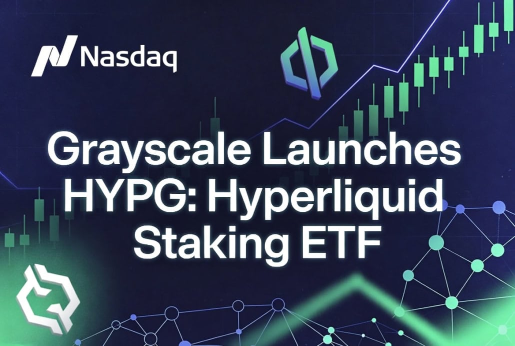 Grayscale introduces HYPG Hyperliquid Staking ETF with rising stock chart and blockchain icons.