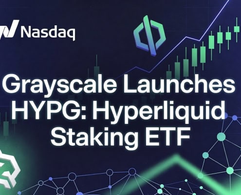 Grayscale introduces HYPG Hyperliquid Staking ETF with rising stock chart and blockchain icons.