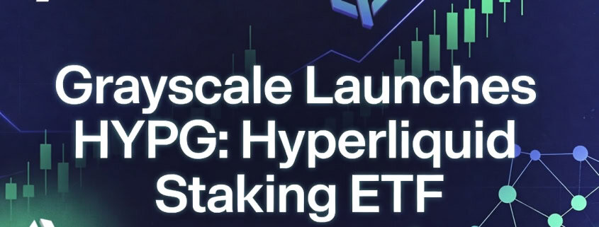 Grayscale introduces HYPG Hyperliquid Staking ETF with rising stock chart and blockchain icons.