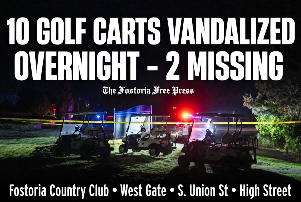 Golf carts vandalized overnight at Fostoria Country Club, with police on scene.