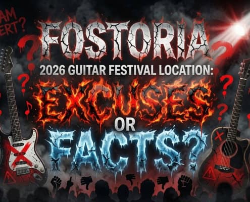 Promotional poster for Fostoria Guitar Festival 2026 with guitars and fiery text.