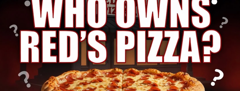 Red's Pizza ownership question graphic with pizza and question marks.