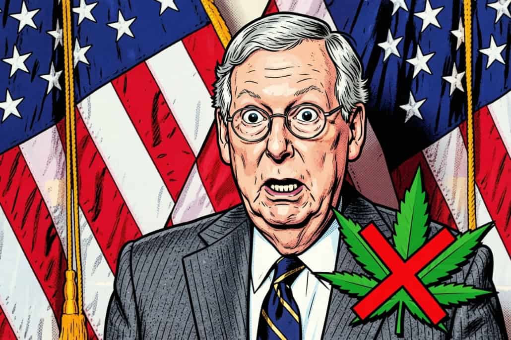 Fostoria News Cartoon of an older man with glasses and gray hair, with American flags in the background and a weed.