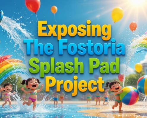 Kids enjoying water splash pad at Fostoria community park.