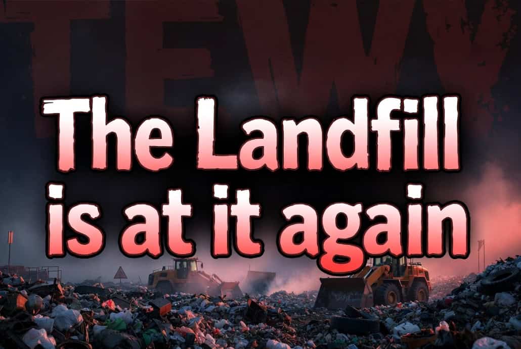 Fostoria News Landfill with trash and heavy machinery, environmental concerns highlighted.