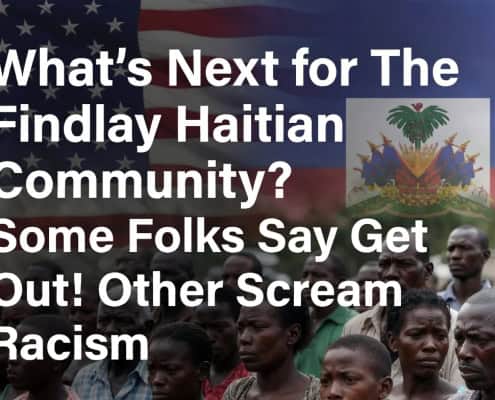 Haitian community members protesting with a Haitian flag in Fostoria.