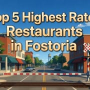 Top 5 highest rated restaurants in Fostoria with city street scene background.