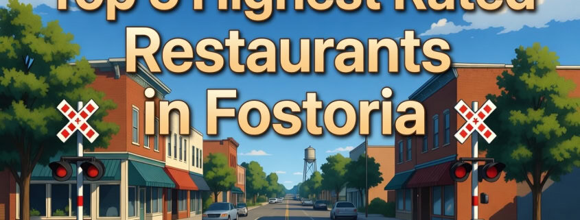 Top 5 highest rated restaurants in Fostoria with city street scene background.
