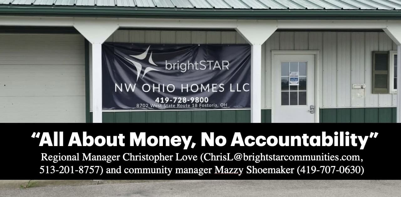 Fostoria News Brightstar NW Ohio Homes LLC sign at Fostoria East Mobile Home Park.