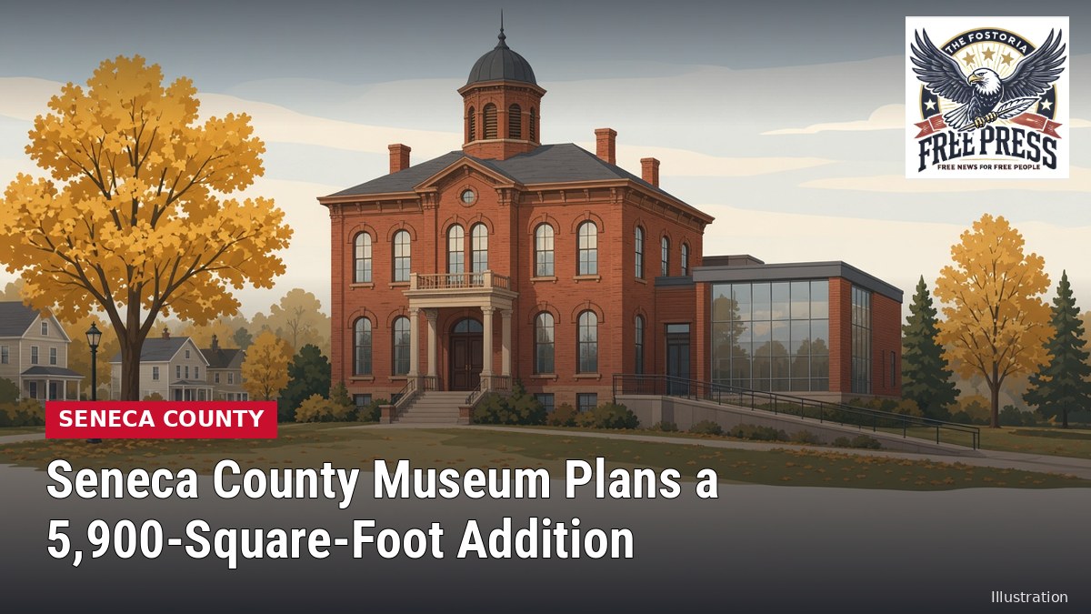 Fostoria News: illustration of a historic brick museum with a modern addition, with headline: Seneca County Museum Plans a 5,900-Square-Foot Addition
