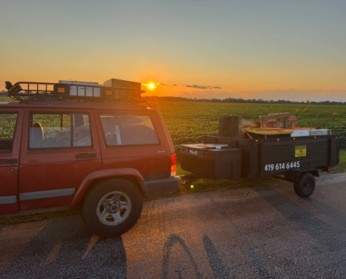 Red vehicle with honeybee removal equipment at sunset in rural area.