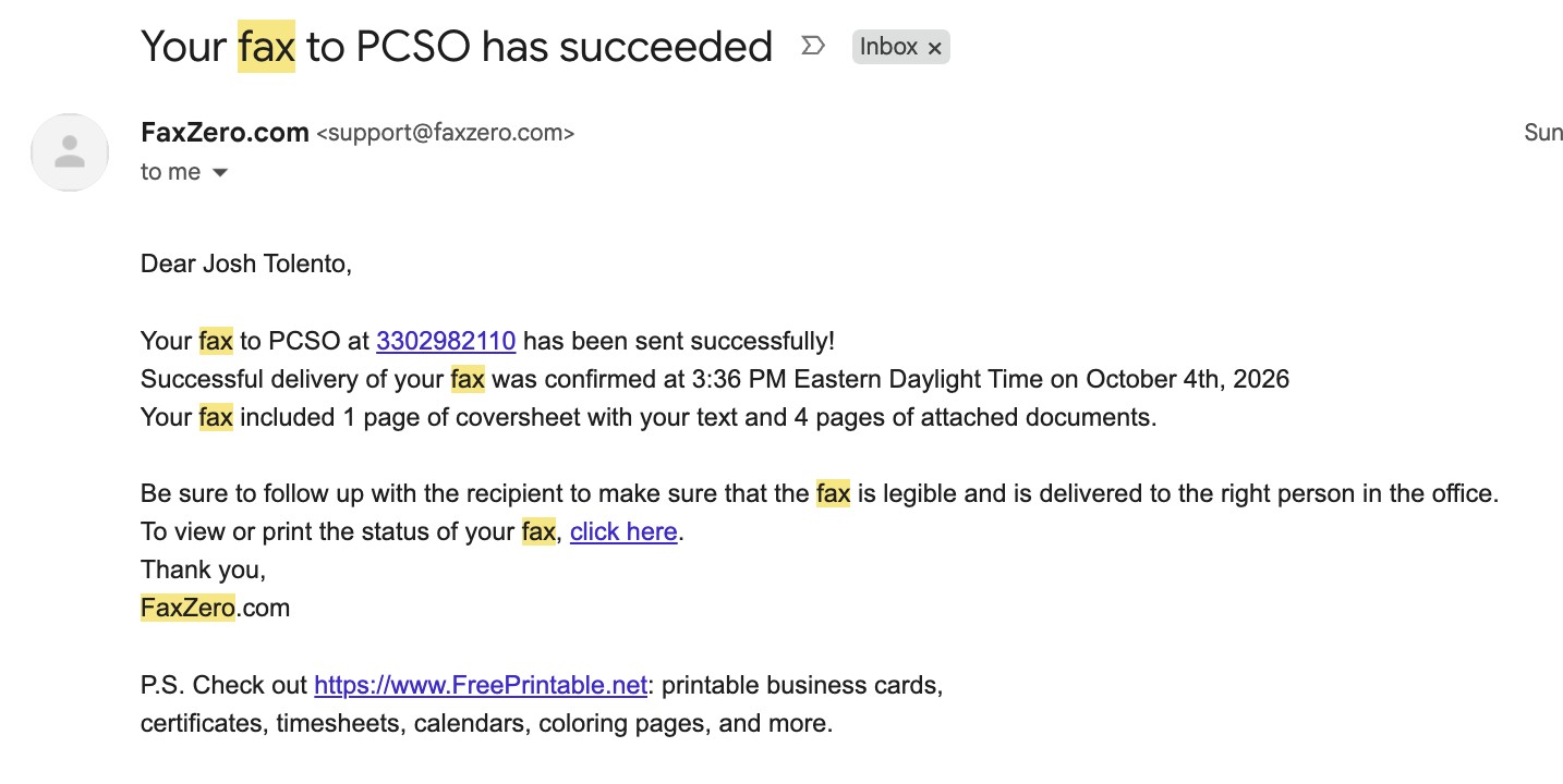 Fostoria News Fax confirmation email showing successful delivery to PCSO.