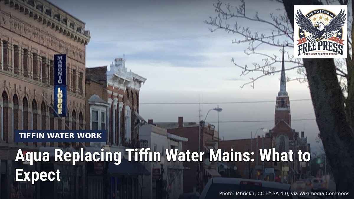 Fostoria News: Downtown Tiffin street, with headline: Aqua Replacing Tiffin Water Mains: What to Expect