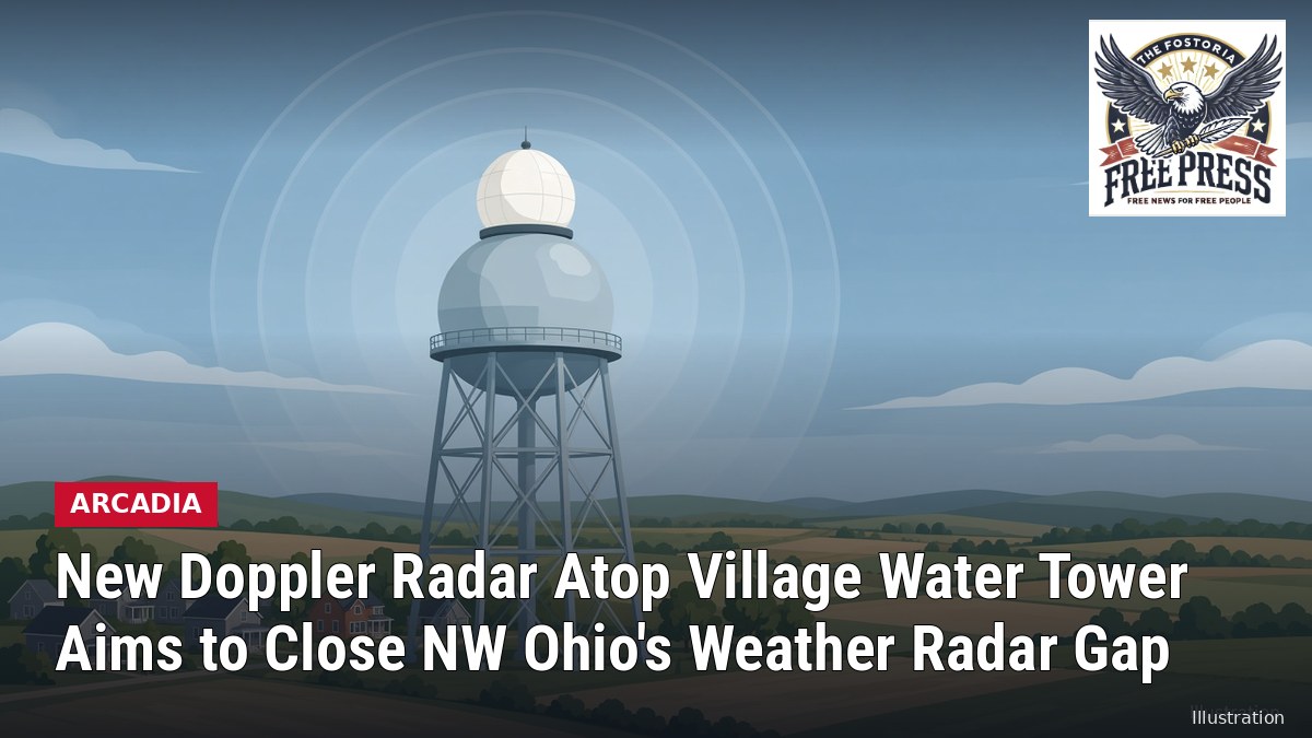 Illustration of a water tower topped with a weather radar dome with the headline about Arcadia's new Doppler radar