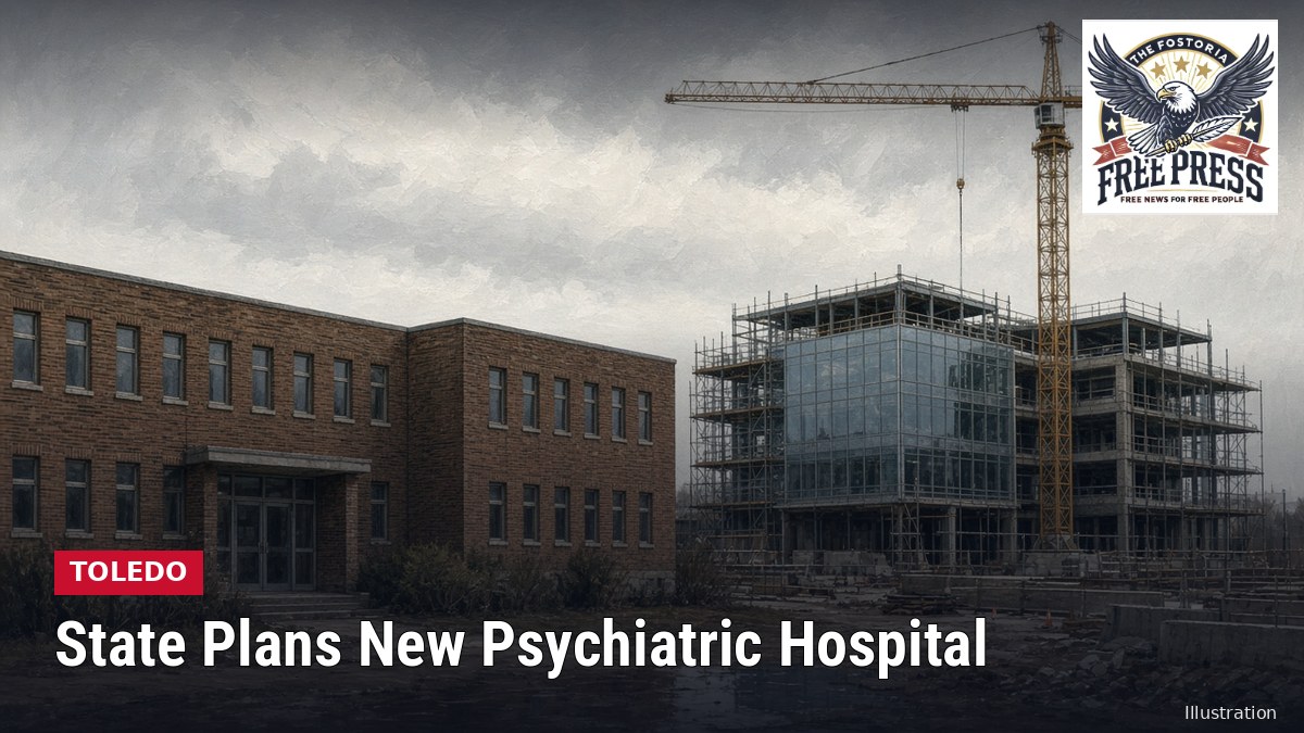 Illustration: brick hospital building exterior with TOLEDO | State Plans New Psychiatric Hospital