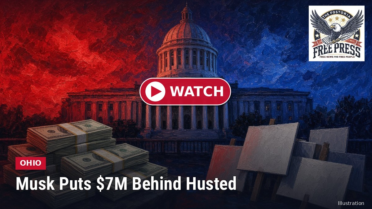Illustration: Ohio Statehouse with campaign money graphic and OHIO | Musk Puts $7M Behind Husted