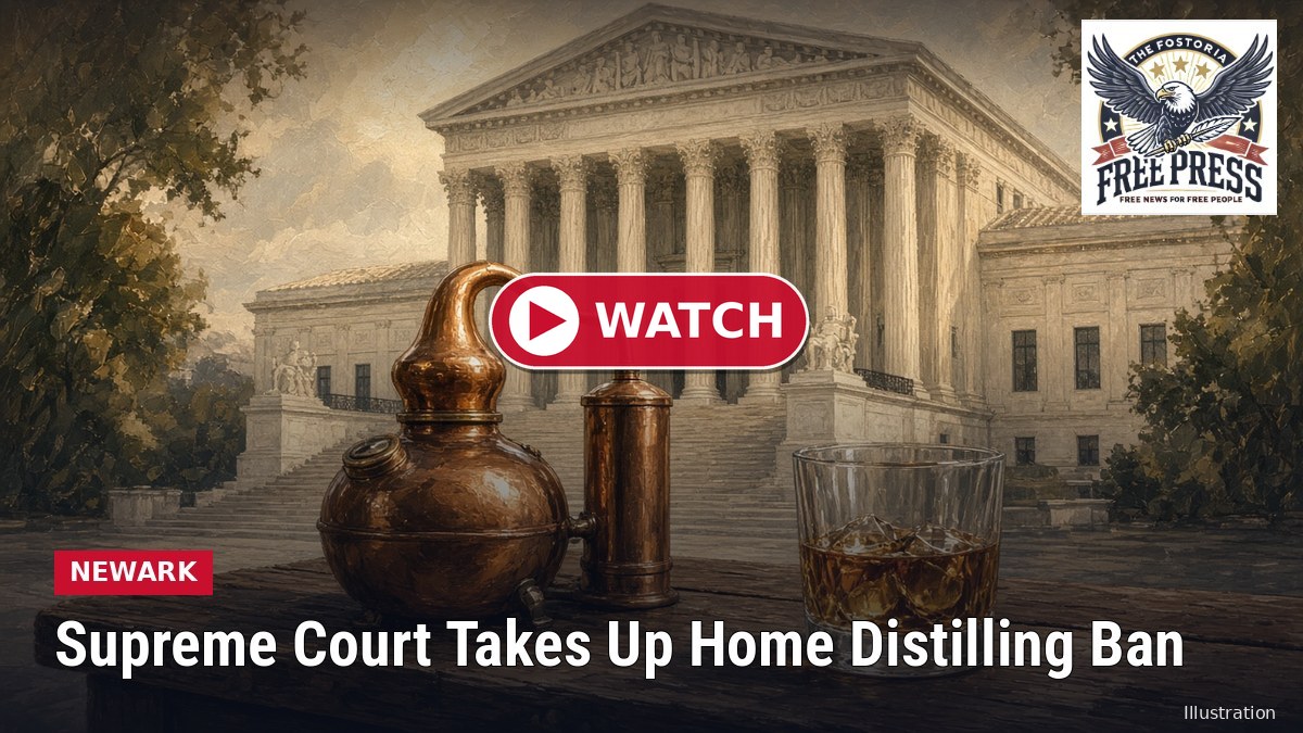 Illustration: U.S. Supreme Court building with a copper still and NEWARK | Supreme Court Takes Up Home Distilling Ban