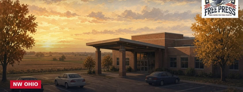 Fostoria News Fostoria Free Press building with sunset sky and trees in Ohio.