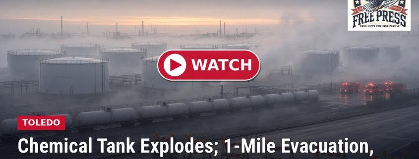 Fostoria News Chemical tanks at North Toledo terminal with smoke after explosion.
