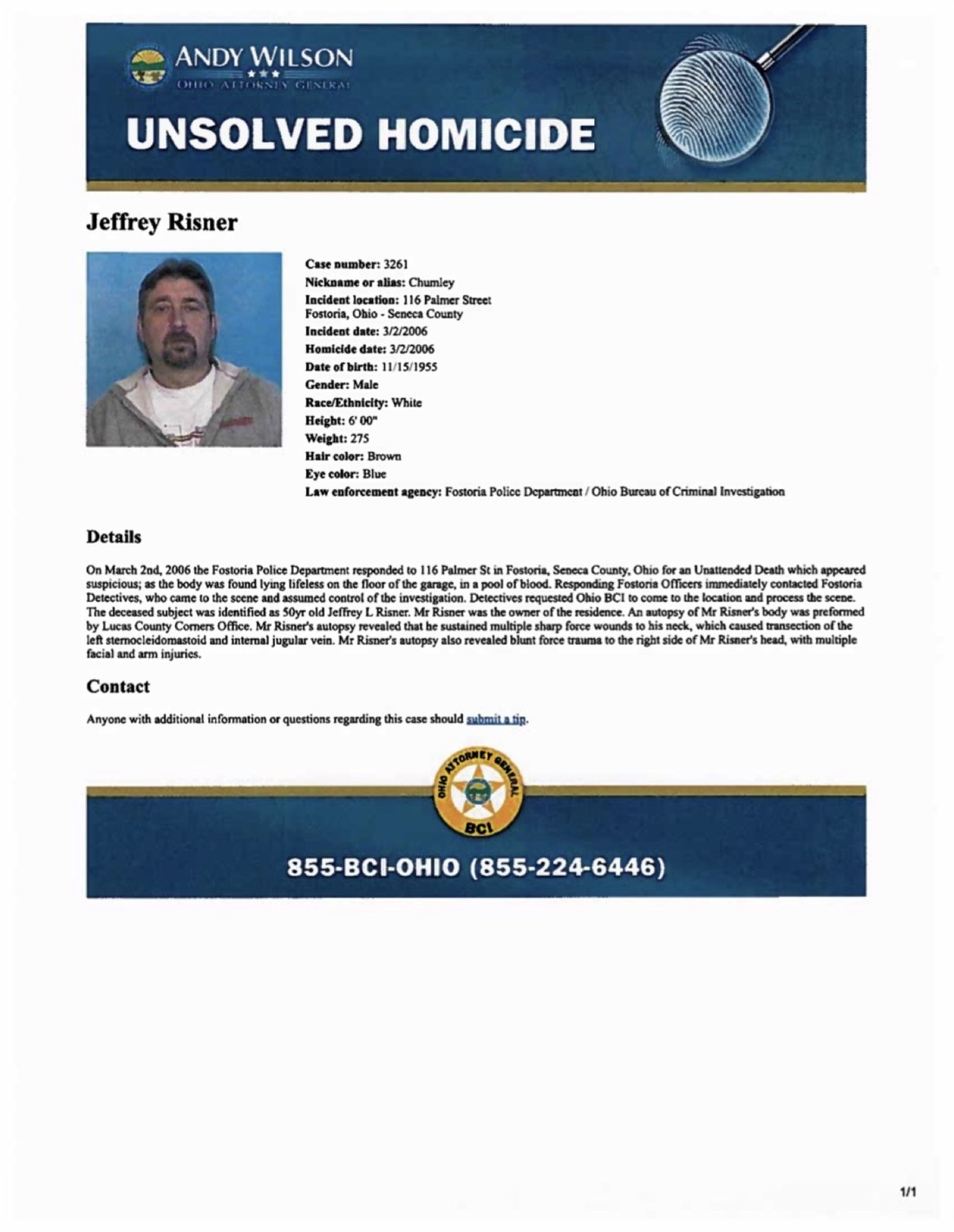 Ohio Attorney General BCI unsolved homicide flyer for Jeffrey Risner, case number 3261, with the BCI tip line 855-BCI-OHIO