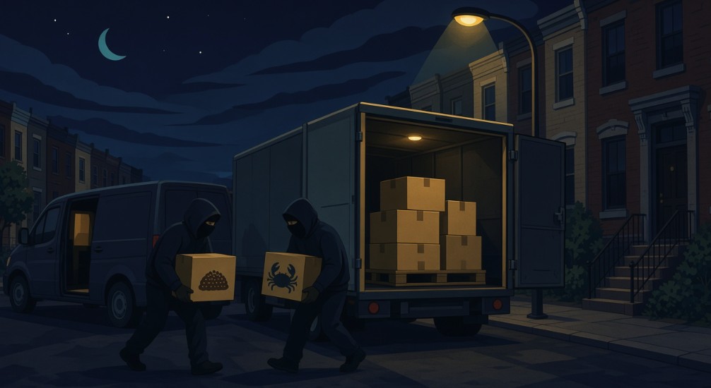 Fostoria News Nighttime street with two thieves unloading boxes from a truck.