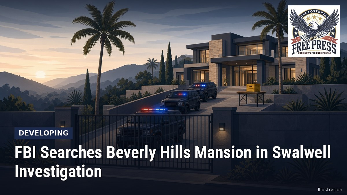 Fostoria News: Illustration of unmarked SUVs with flashing lights outside a generic hillside mansion, with headline: FBI Searches Beverly Hills Mansion in Swalwell Investigation