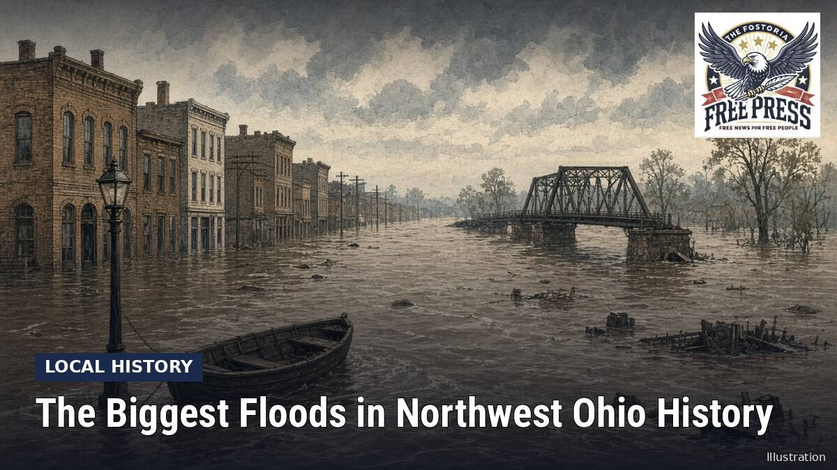 Fostoria News: Illustration, with headline: The Biggest Floods in Northwest Ohio History