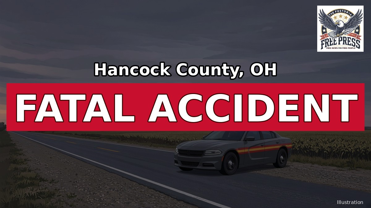 Illustration: Hancock County, OH fatal accident graphic with a highway patrol cruiser on a rural road