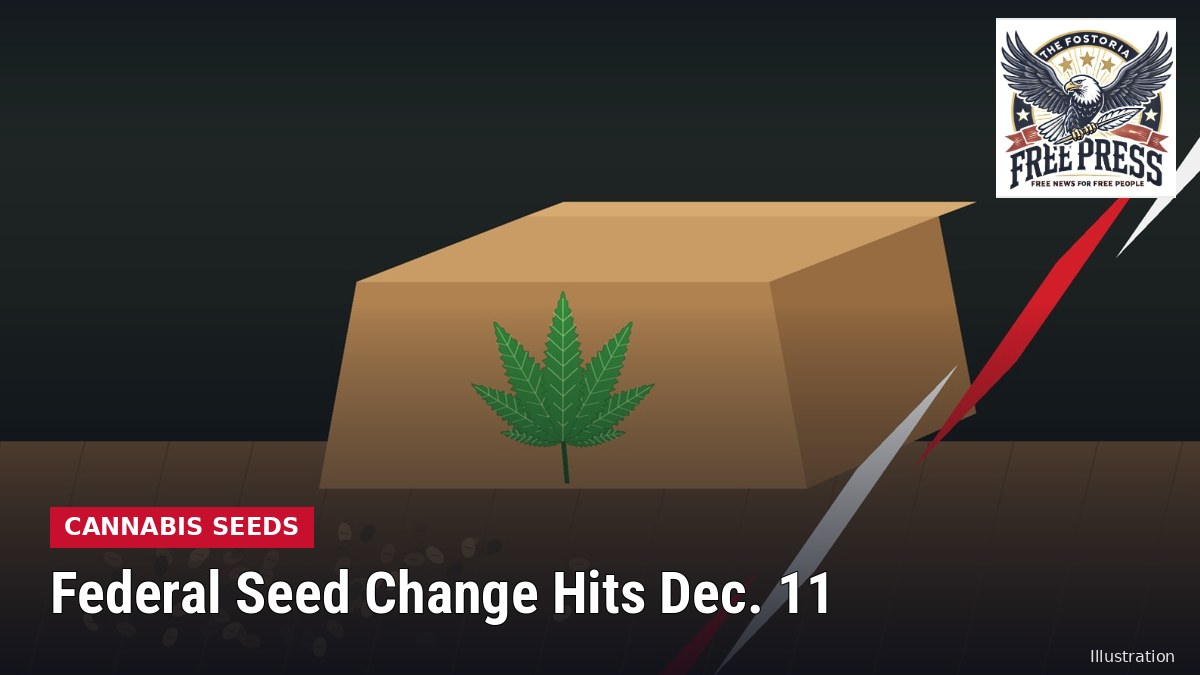 Illustration of a shipping box marked with a cannabis leaf and spilled seeds