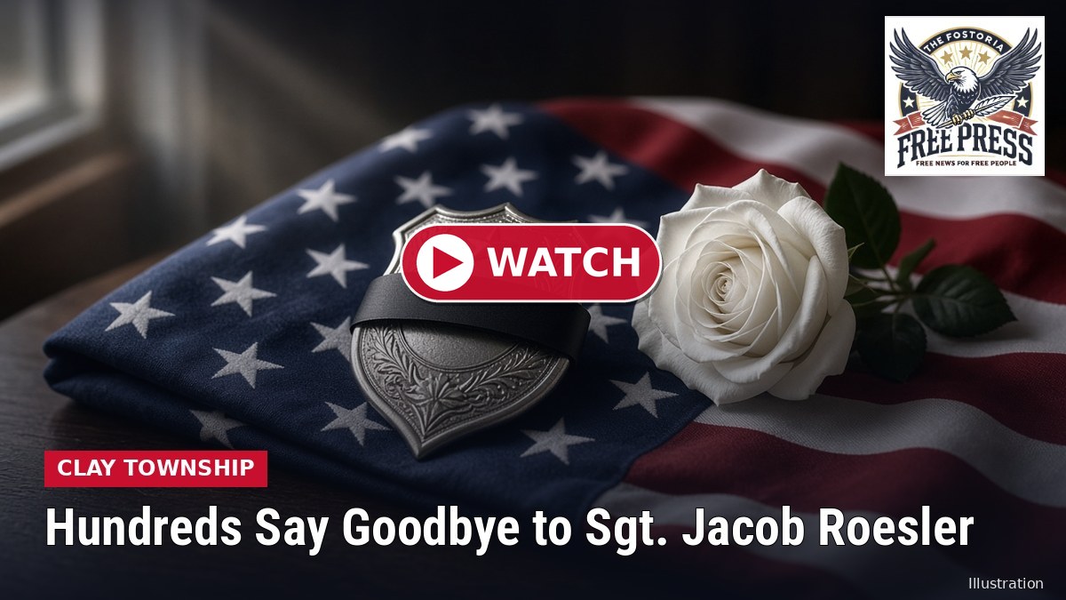 Illustration of a police badge with a black mourning band on a folded American flag beside a white rose, with headline: Hundreds Say Goodbye to Sgt. Jacob Roesler
