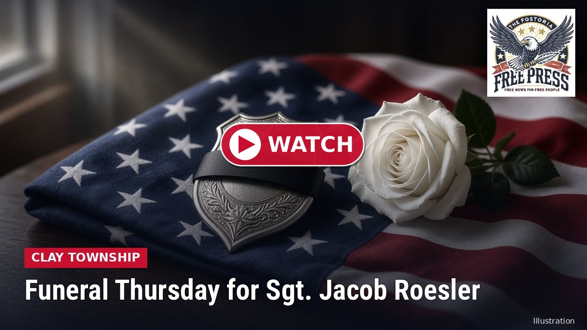 Illustration of a police badge with a black mourning band on a folded American flag beside a white rose, with headline: Funeral Thursday for Sgt. Jacob Roesler