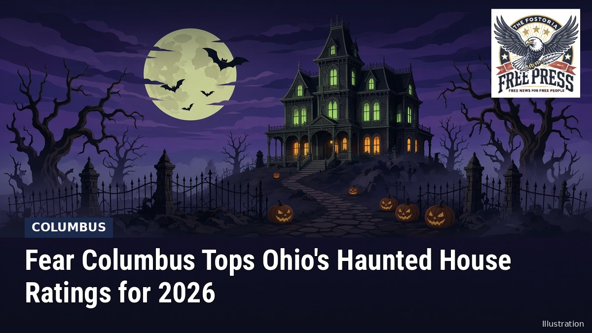 Fostoria News: Illustration of a generic spooky Victorian haunted house with jack-o-lanterns and a full moon, with headline: Fear Columbus Tops Ohio's Haunted House Ratings for 2026