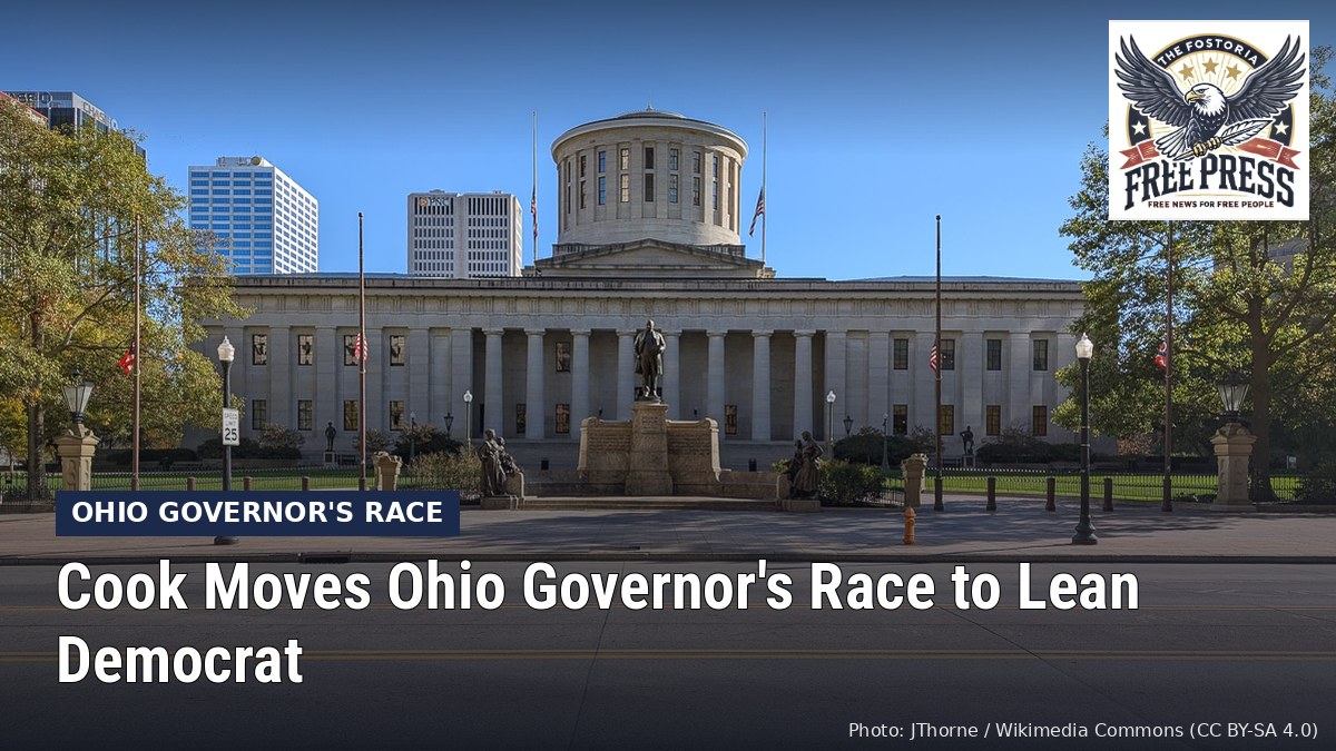 Fostoria News: Ohio Statehouse in Columbus, with headline: Cook Moves Ohio Governor's Race to Lean Democrat