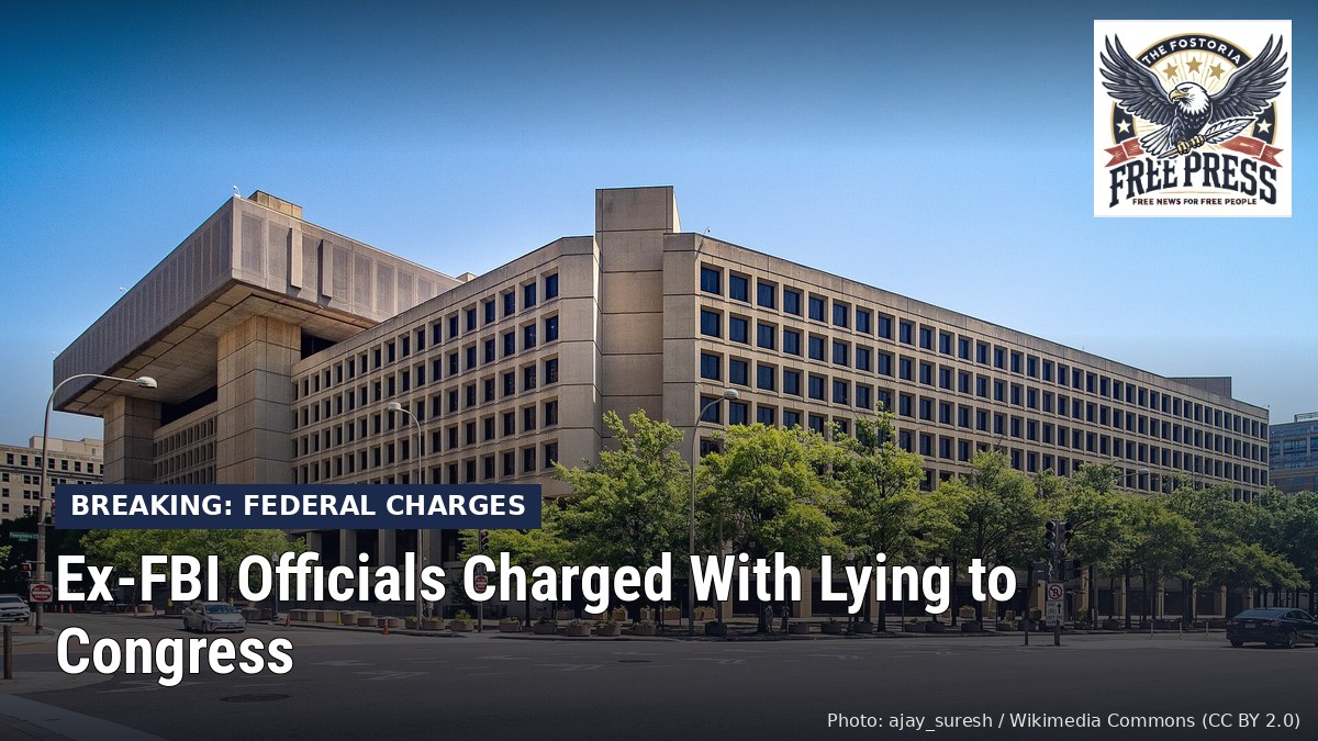 Fostoria News: FBI headquarters building in Washington, with headline: Ex-FBI Officials Charged With Lying to Congress