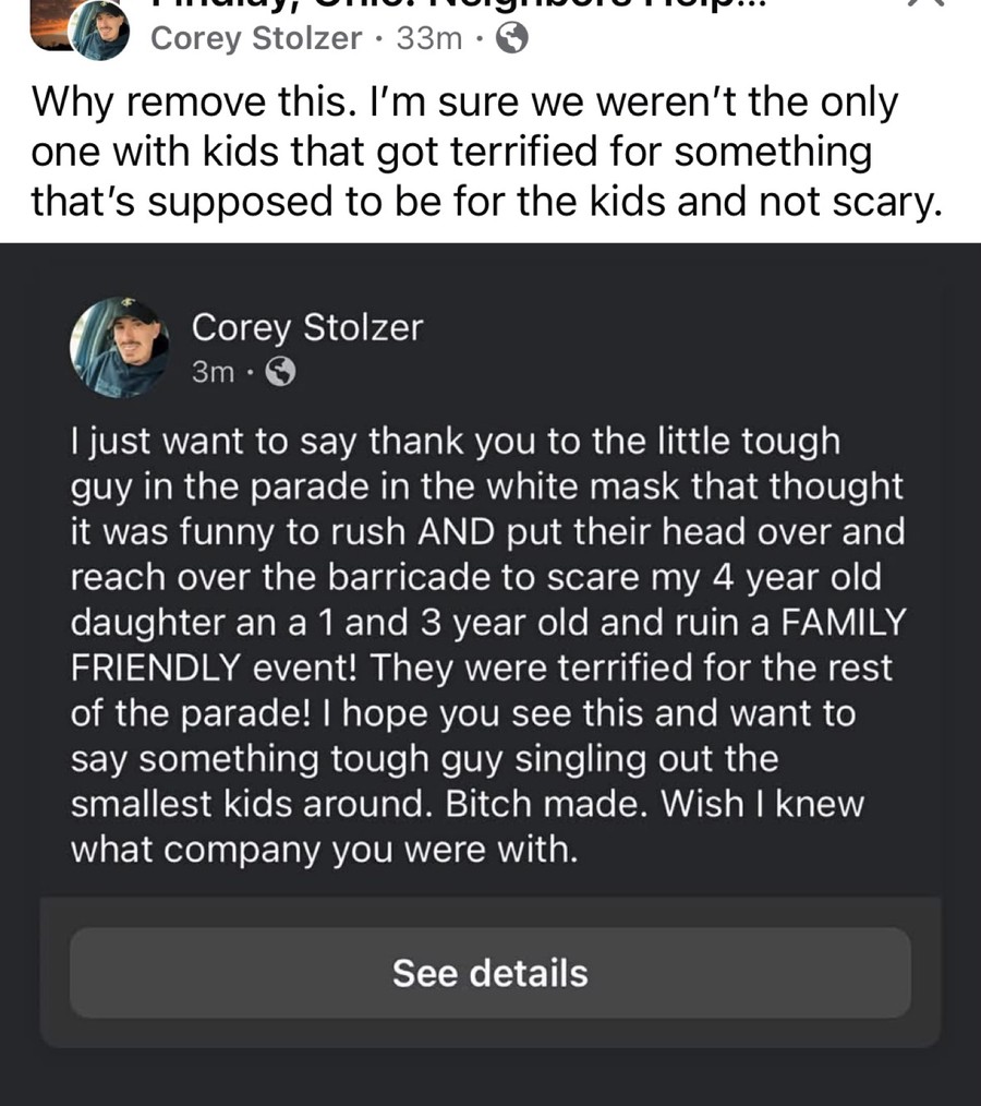 Screenshot of a Facebook post in the Findlay, Ohio: Neighbors Helping Neighbors group about a masked person at the Findlay Halloween parade