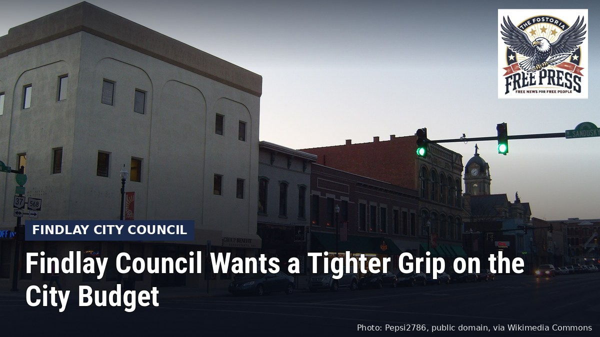 Fostoria News: Downtown Findlay buildings, with headline: Findlay Council Wants a Tighter Grip on the City Budget