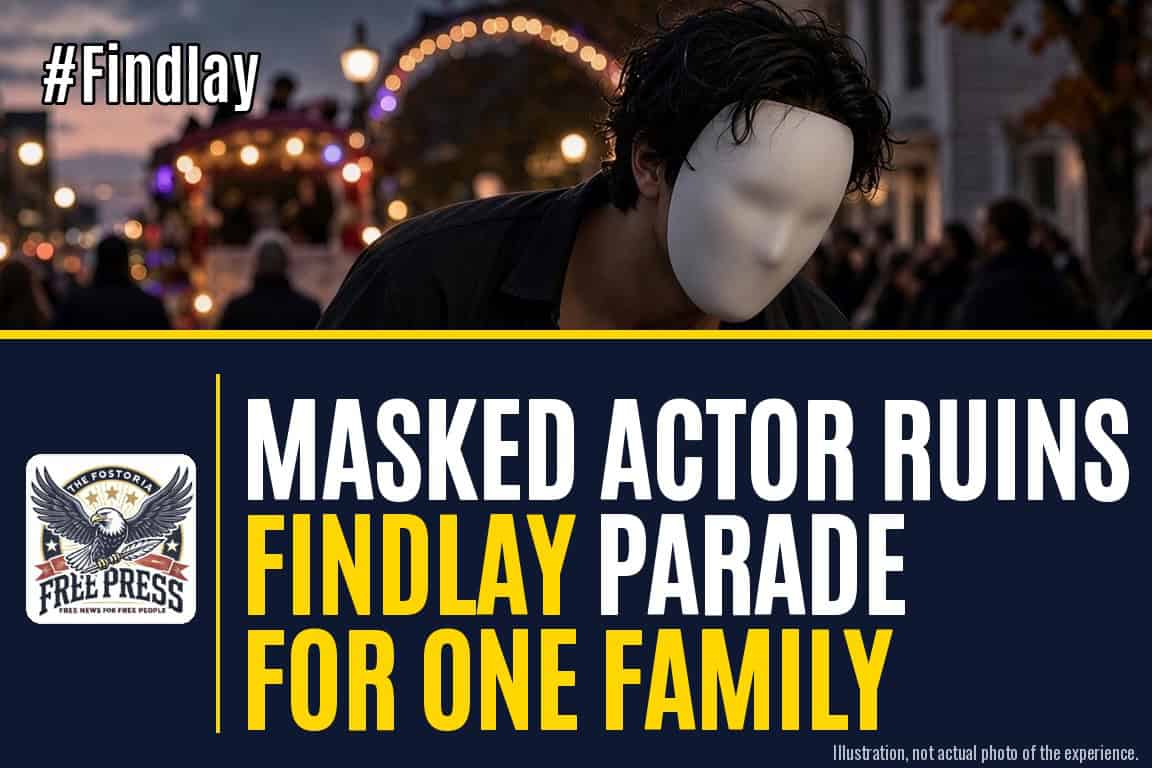 Illustration: masked figure in a plain white mask leaning over a metal barricade at the Findlay Halloween parade