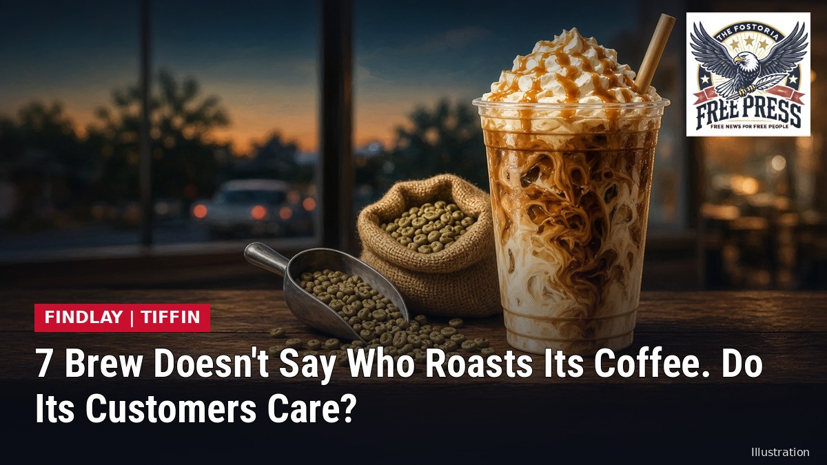 Fostoria News illustration of an unbranded iced coffee drink with whipped cream and caramel next to a scoop and sack of green coffee beans, with headline: 7 Brew Doesn't Say Who Roasts Its Coffee. Do Its Customers Care?