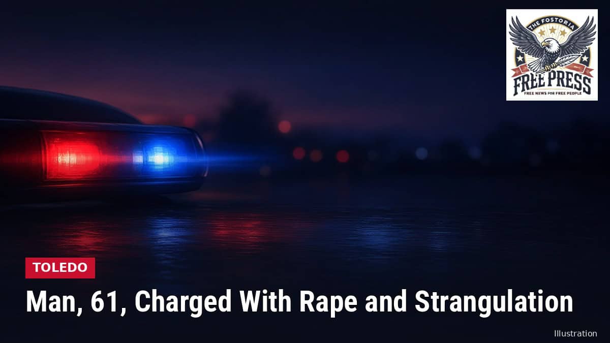 Illustration: police lights with TOLEDO | Man, 61, Charged With Rape and Strangulation