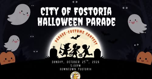 City of Fostoria Halloween Parade flyer: Sunday, Oct. 25, 2026, 5 p.m., downtown Fostoria
